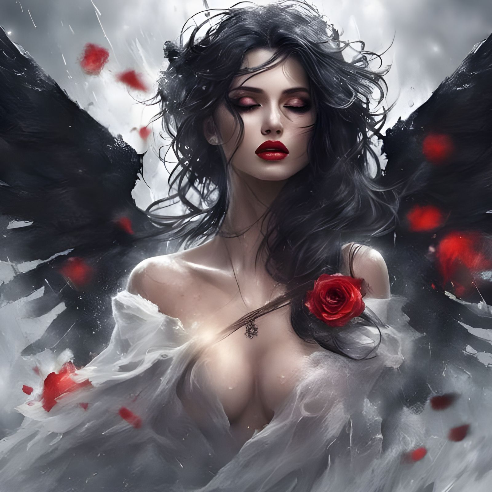 Fallen Angel Portrait with Black Roses