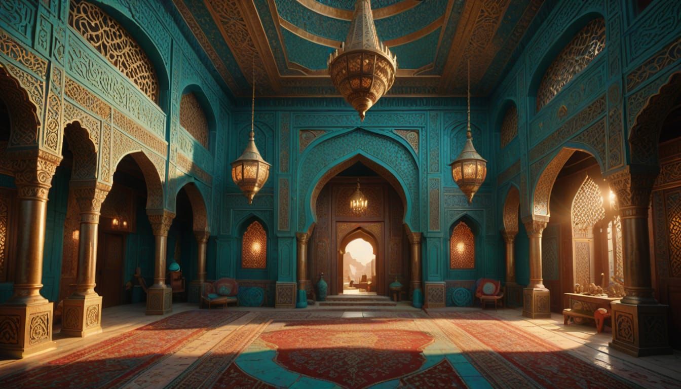 Hyperrealistic Persian Palace Interior in 1001 Nights Style