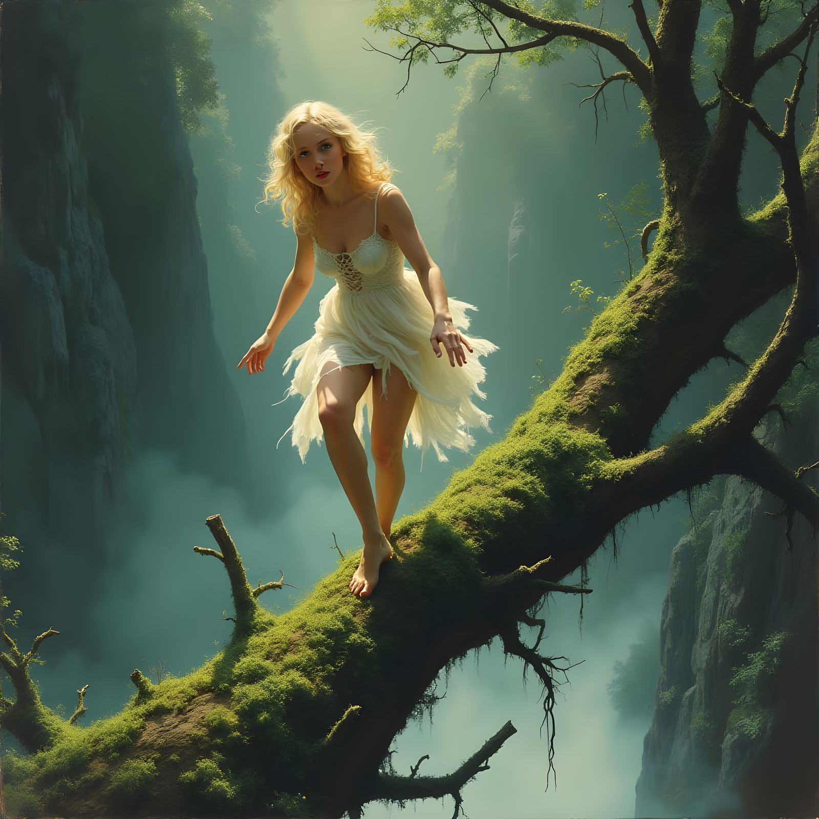 Damsel in Distress on a Fallen Tree in a Pulp Illustration S...
