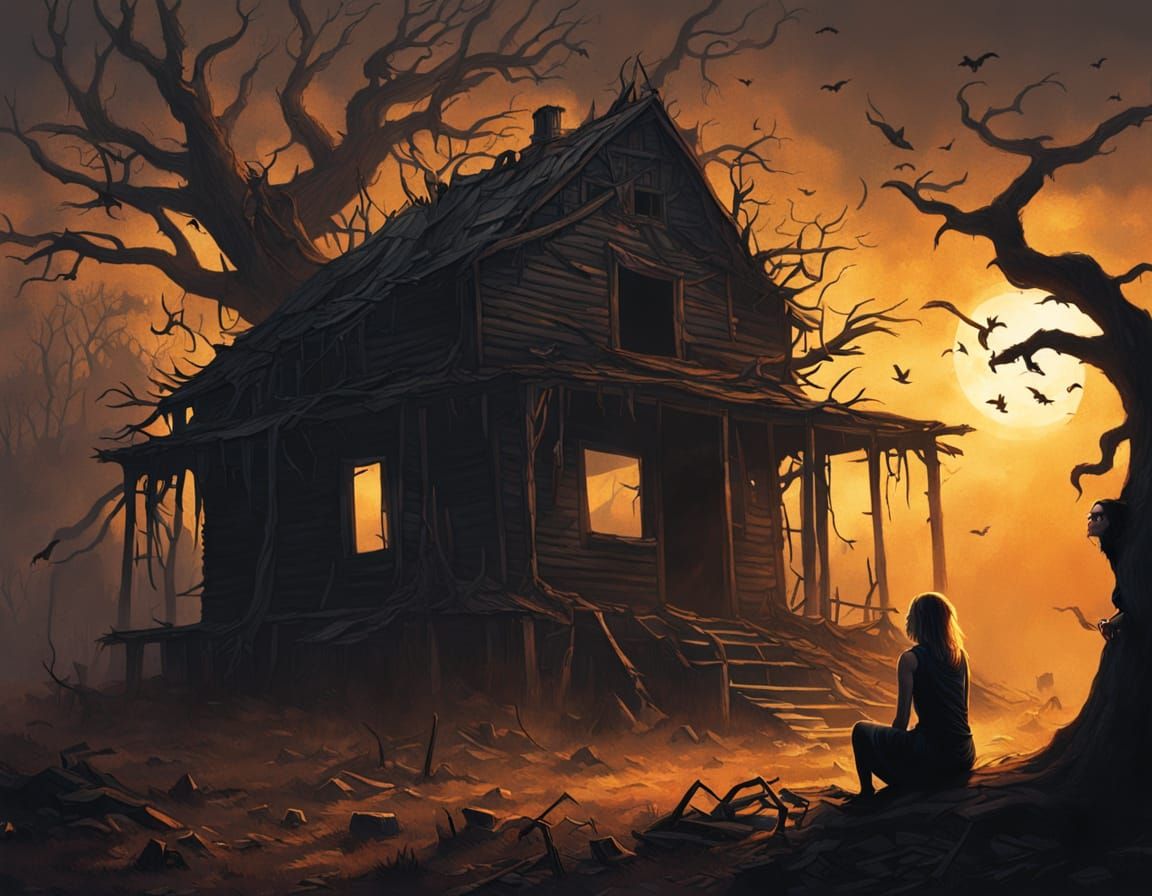Ominous Encounter at Ruined Cabin in Dark Fantasy