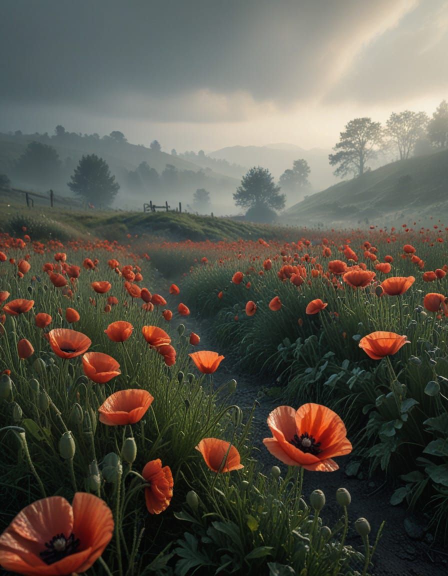 A melancholic foggy morning in a vast field of red poppies