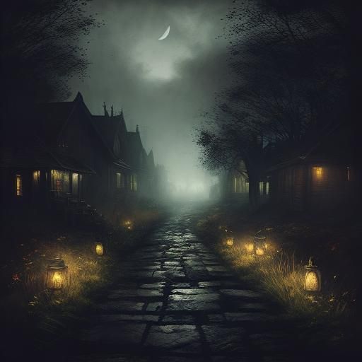 Atmospheric Village at Night: Charcoal Drawing