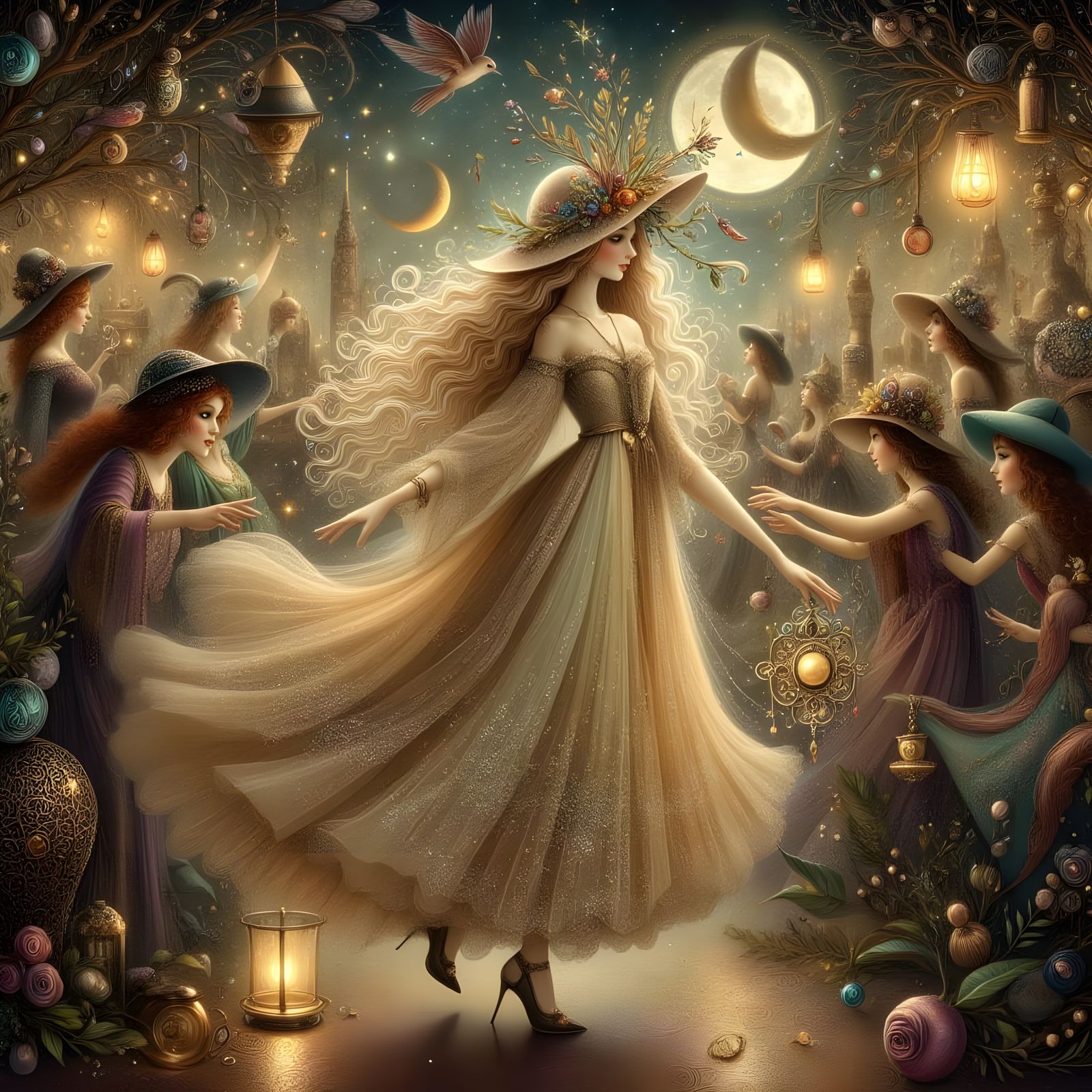 Flapper Sorceress Dancing in Speakeasy, Art Nouveau Style