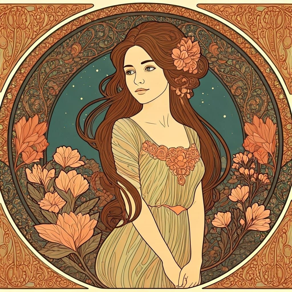 Libra Embodied: Twilight Floral Art Nouveau Portrait
