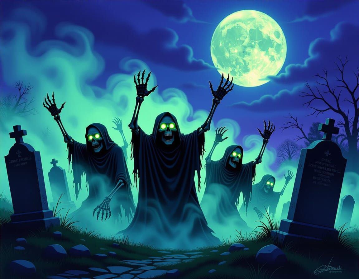 Skeletons Emerge from Graveyard in Dark Fantasy Art