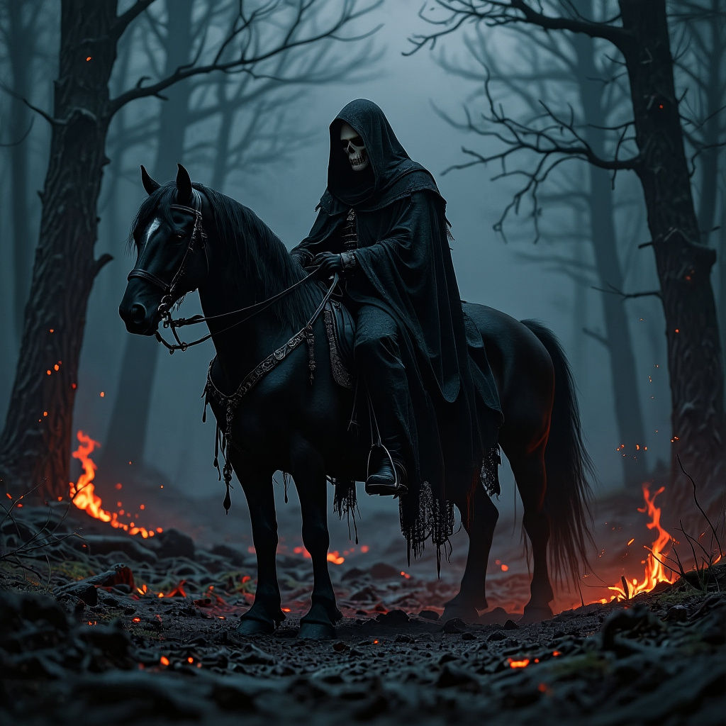 Grim Reaper on Horseback in Dark Forest
