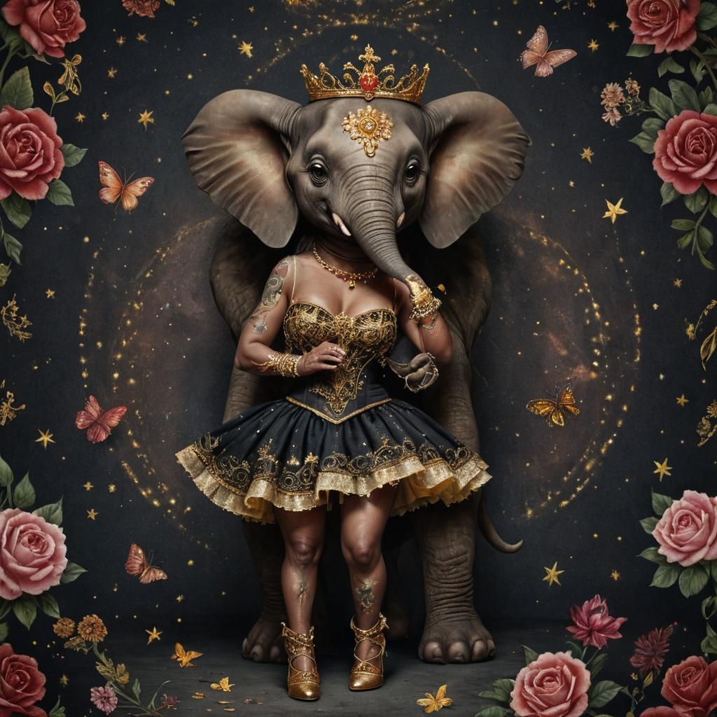 Menacing Circus Elephant with Baby Fairy Angel