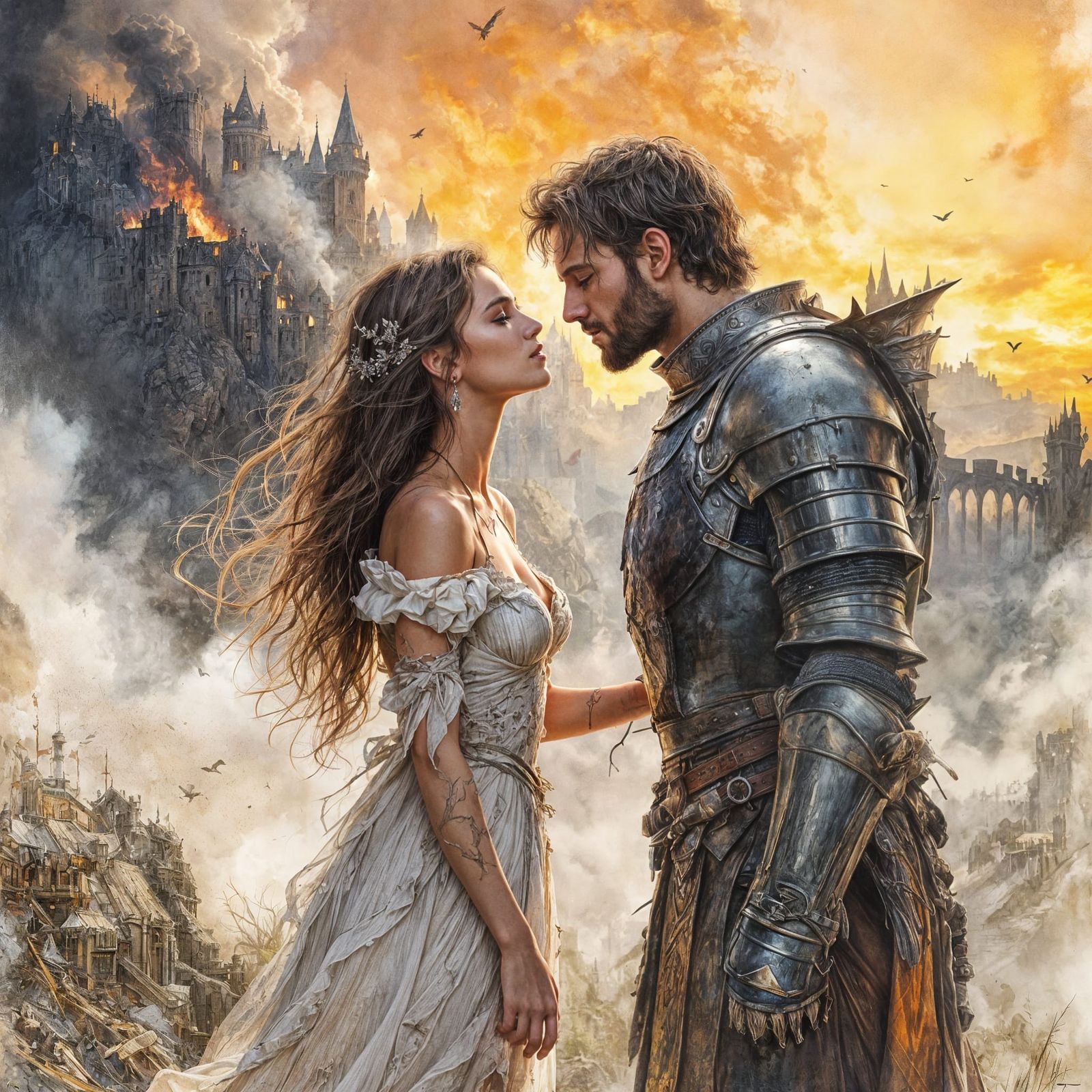 Surreal Princess Kissing Knight Amidst Burning Castle Ruins