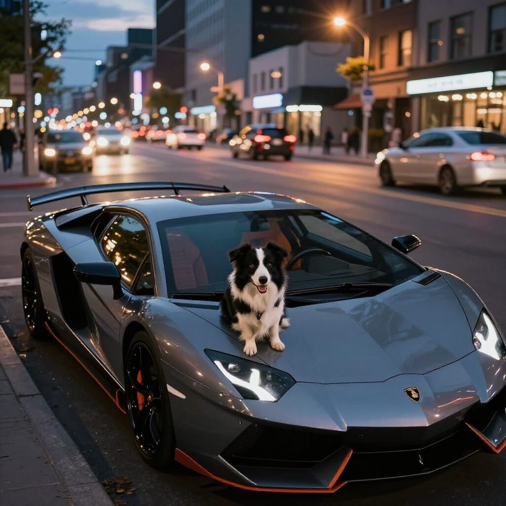 Border Collie in Lamborghini Huracán at Dusk