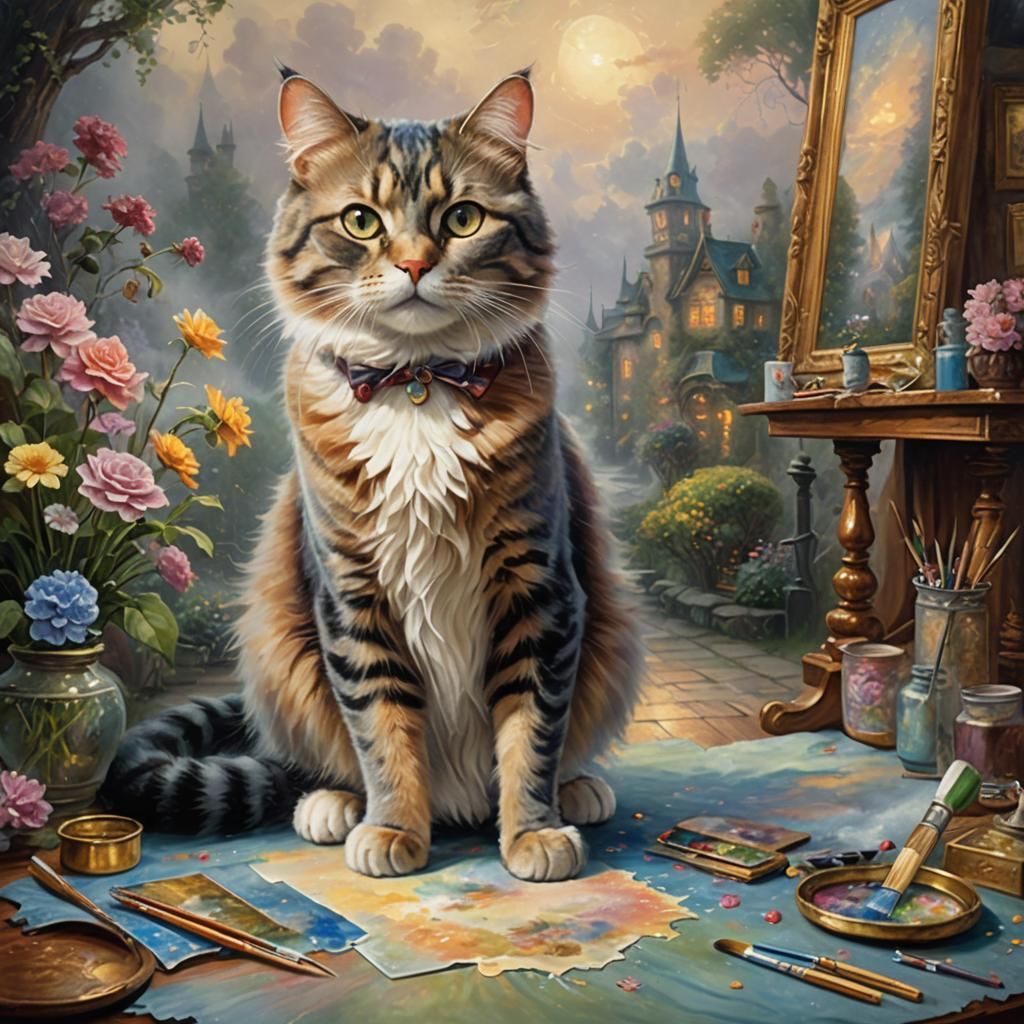 Cat's Self-Portrait in Victorian, Kinkade Style