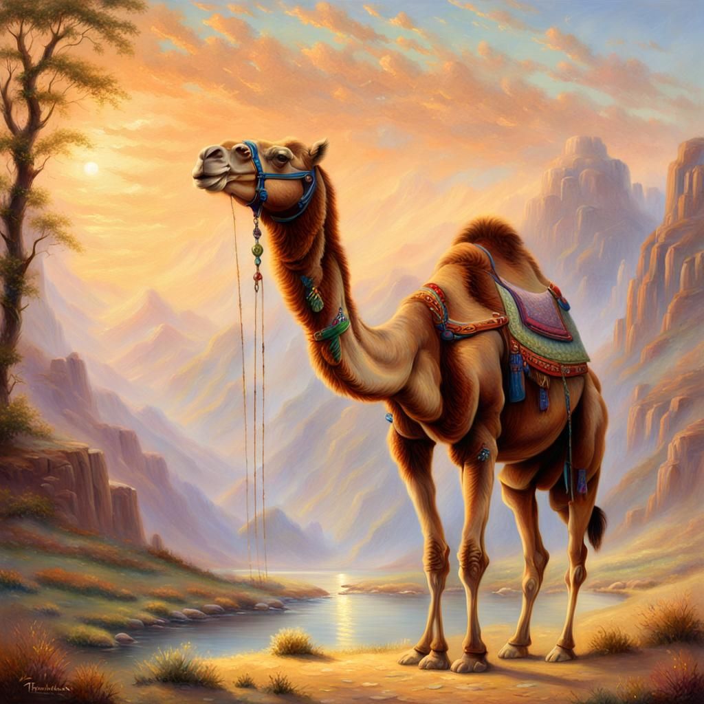 Camel Grazing in Dreamy Fantasy Landscape
