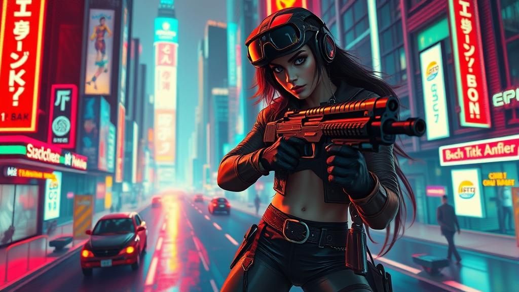 Cyberpunk Bounty Hunter on Hoverboard in Metropolis