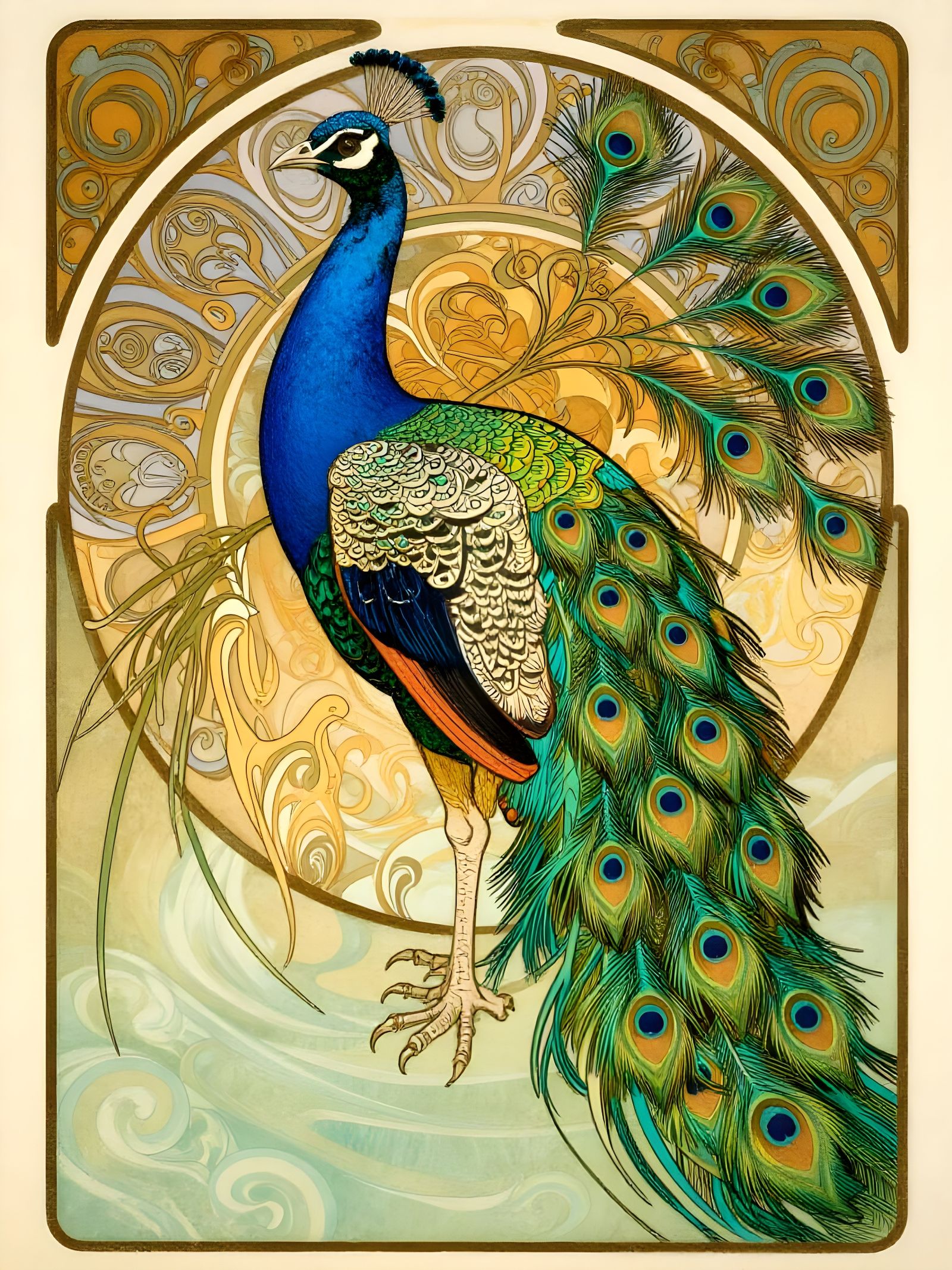 Elegant Art Nouveau Peacock with Accurate Anatomy