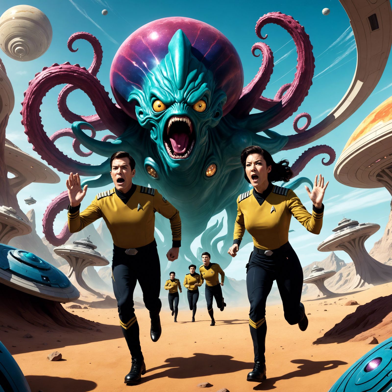 Star Trek Officers Fleeing Alien Monster in Cartoon Style