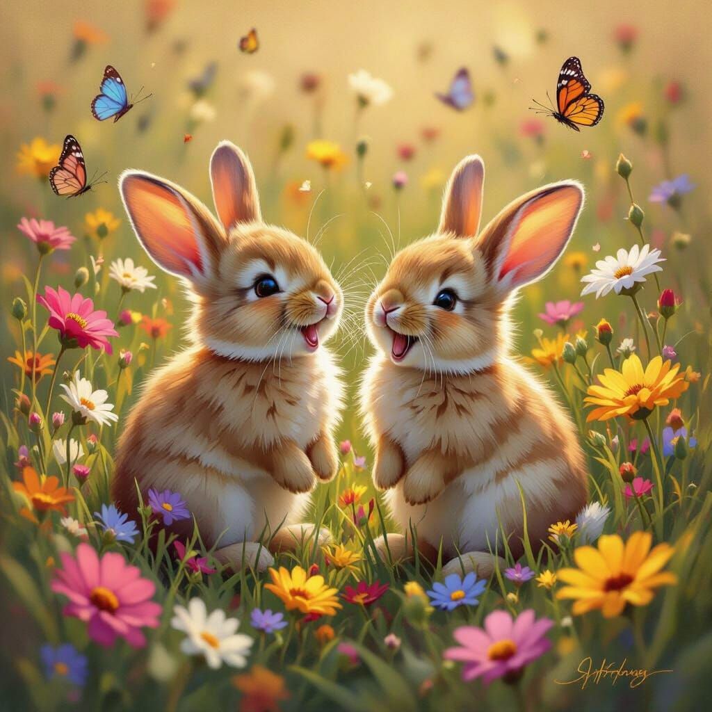 Whimsical Oil Painting of Laughing Baby Bunnies