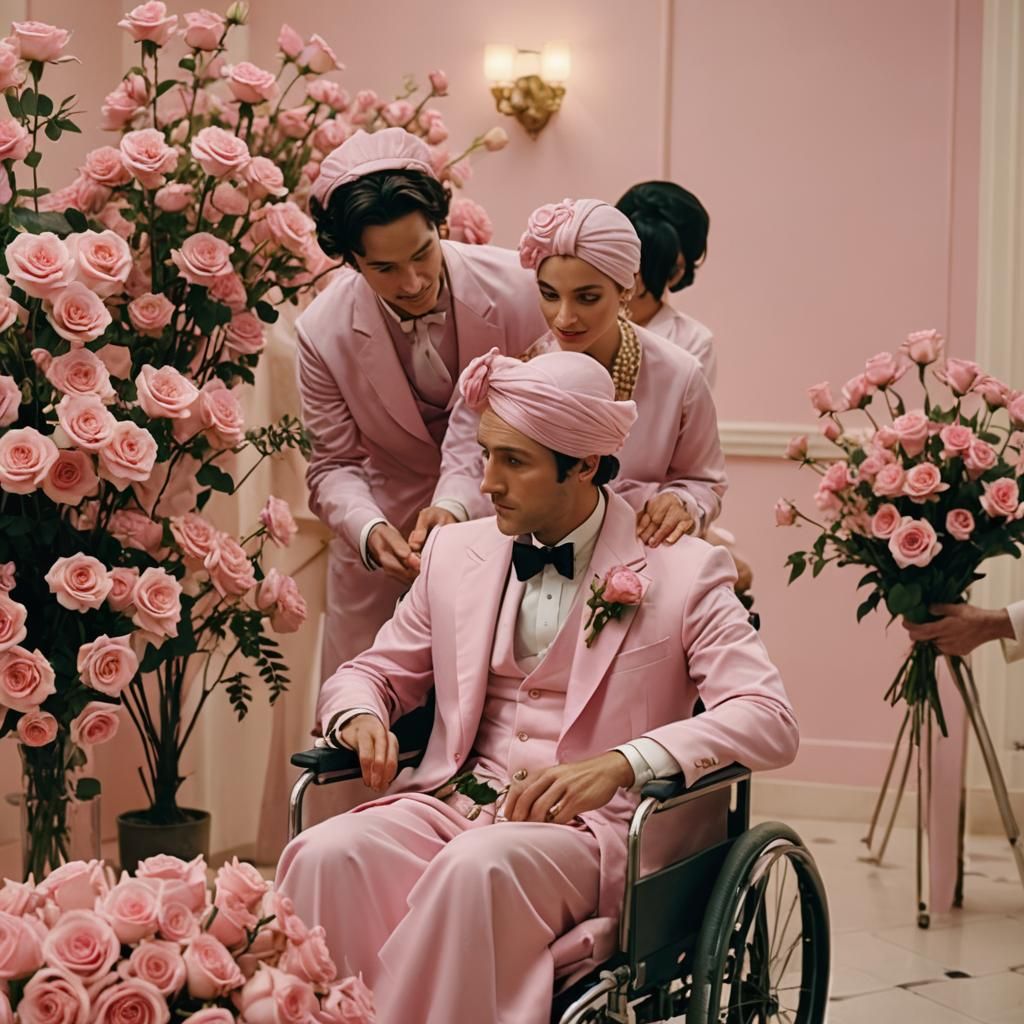 Man in Pink Tuxedo Gives Roses: Wes Anderson Style