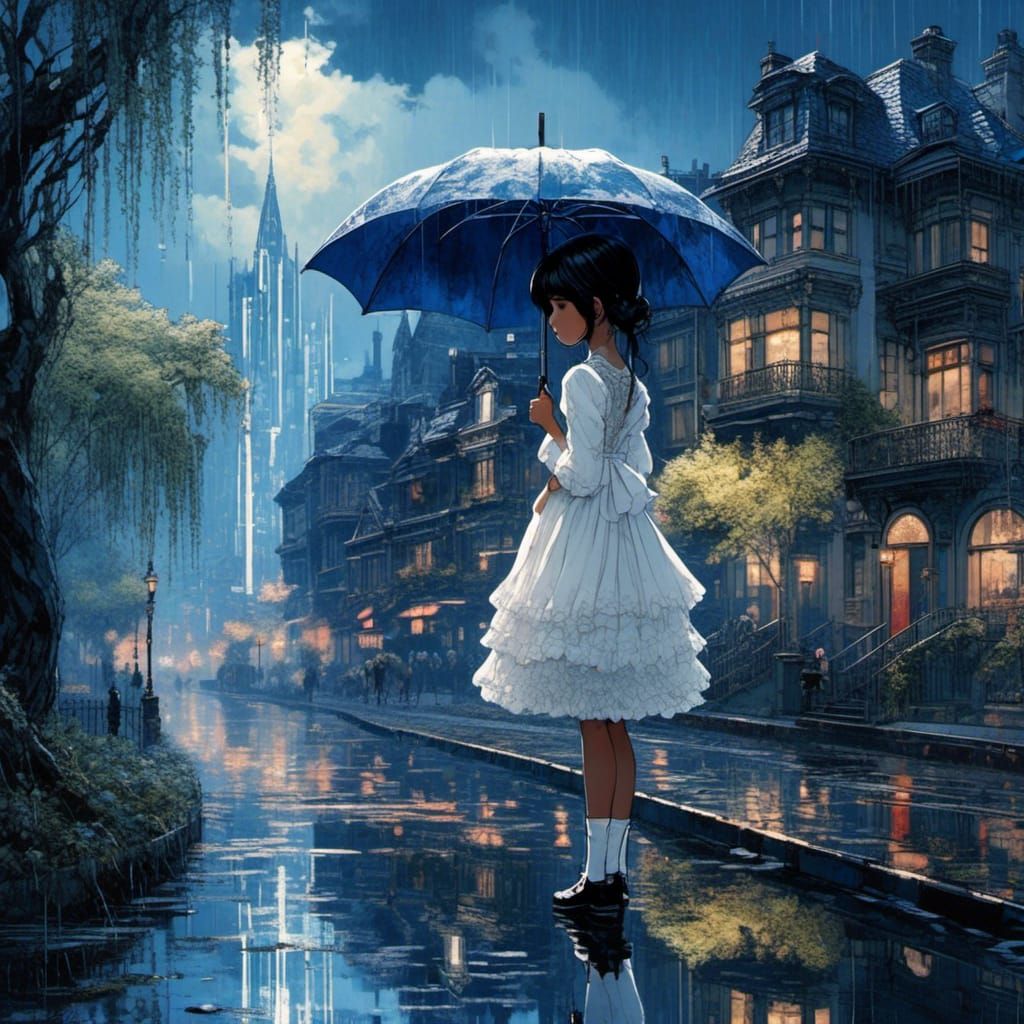 Victorian Girl Walks on Water in Indigo Rain