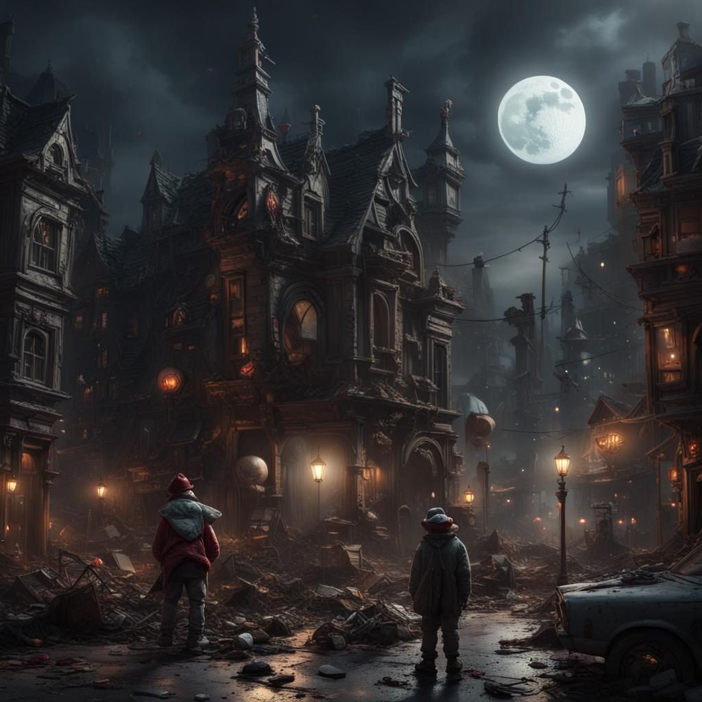 Gothic Toy City with Mad Clowns, Dark Fantasy Art
