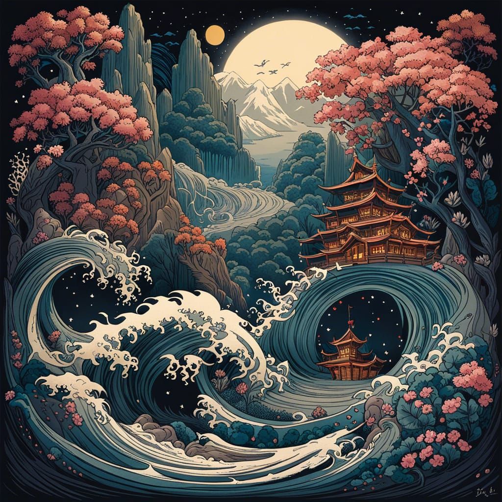 Magic Sea Cherry Blossoms in Gothic Fantasy Style