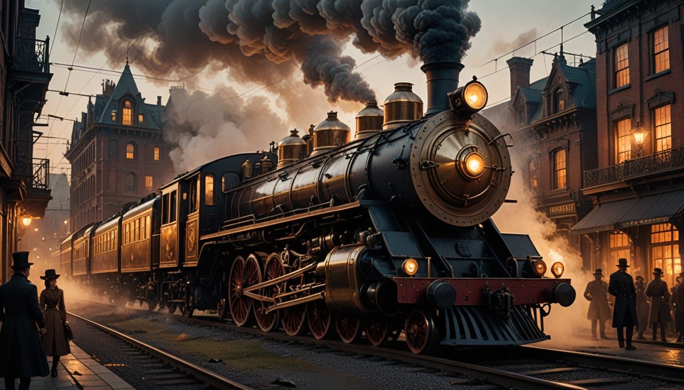 Steam-Powered Steampunk Train in Industrial Cityscape