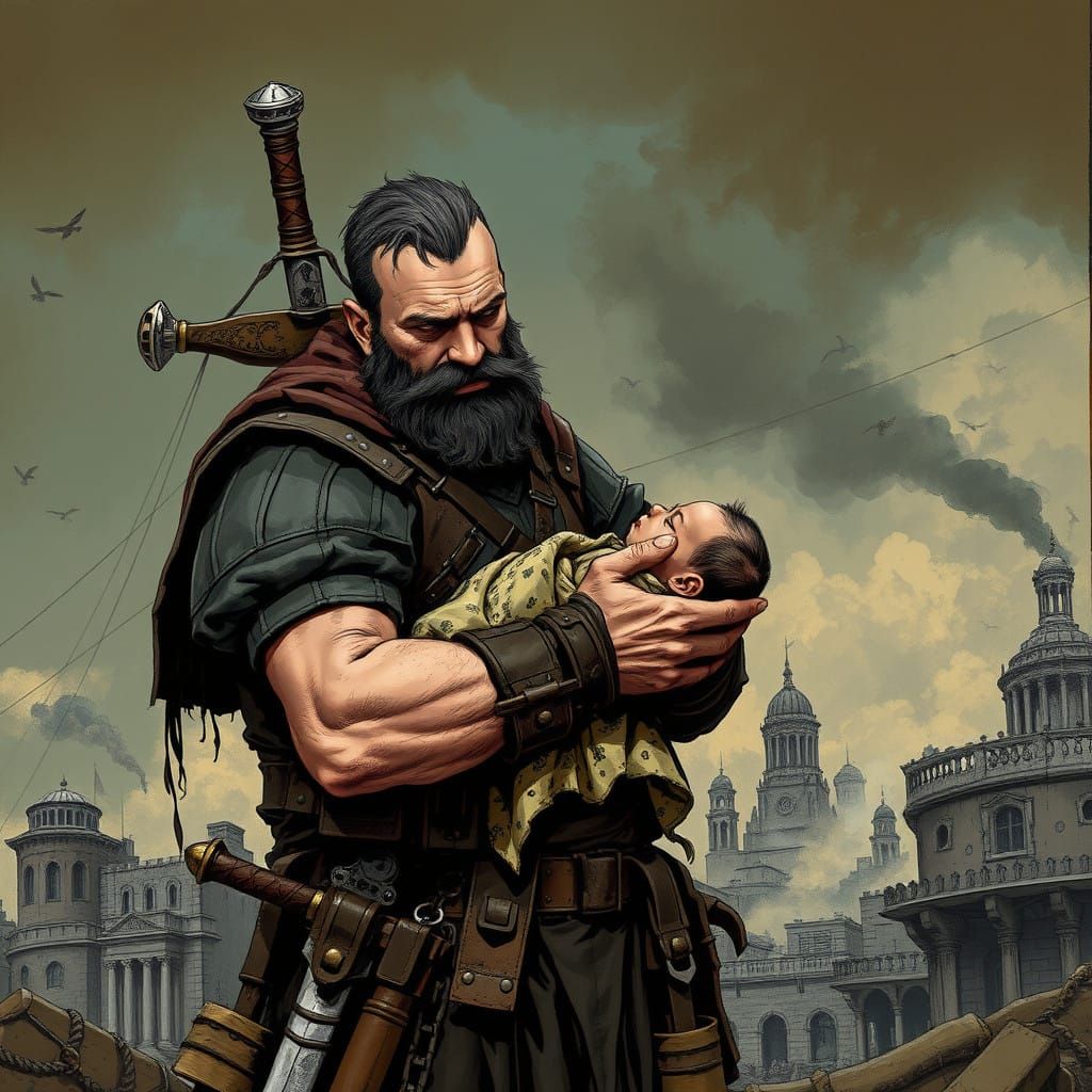 Gritty Mercenary Tenderly Holds Newborn Amidst War-Torn City