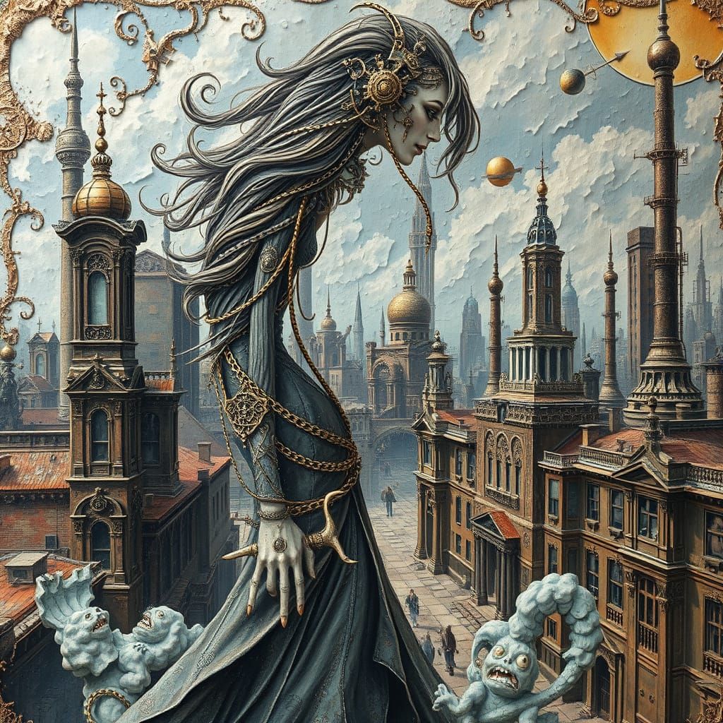 Surreal Steampunk Cityscape with Ornate Woman