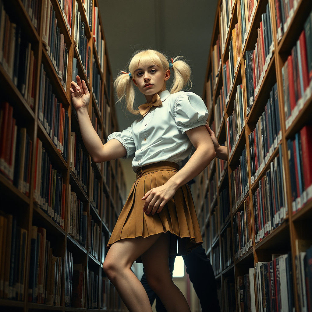Muscular Young Man Crossdressing in Library, Seeking Book