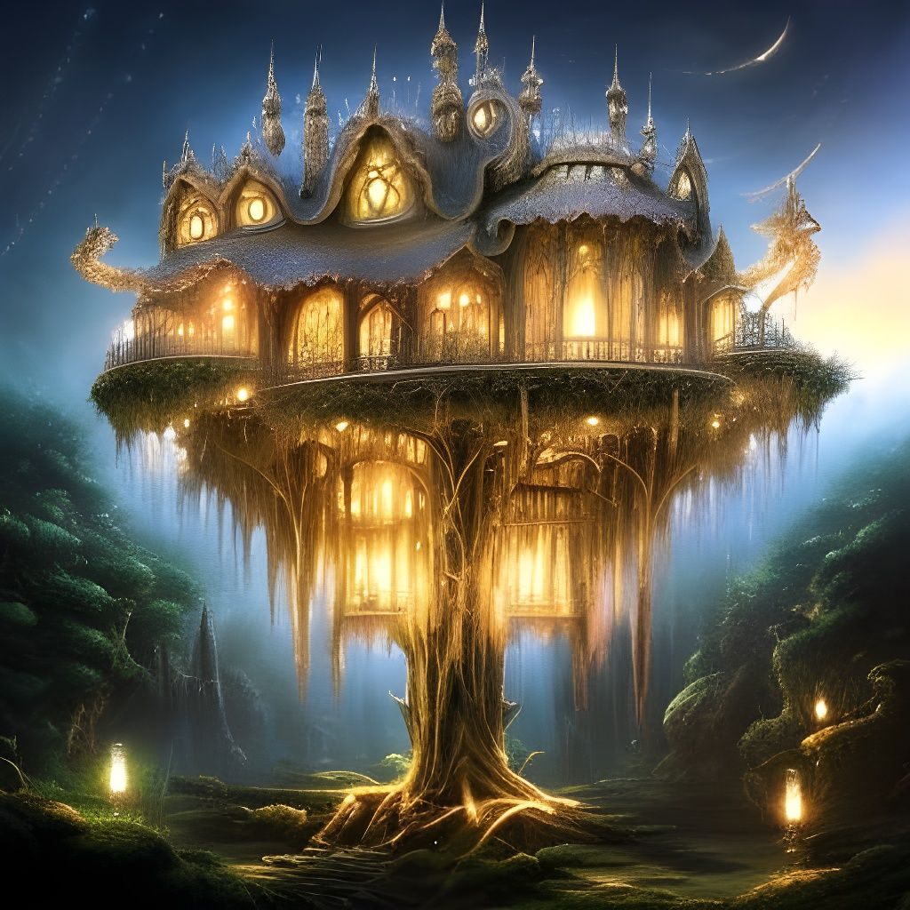 Luminescent Treehouse in Fantasy Window, Digital Art