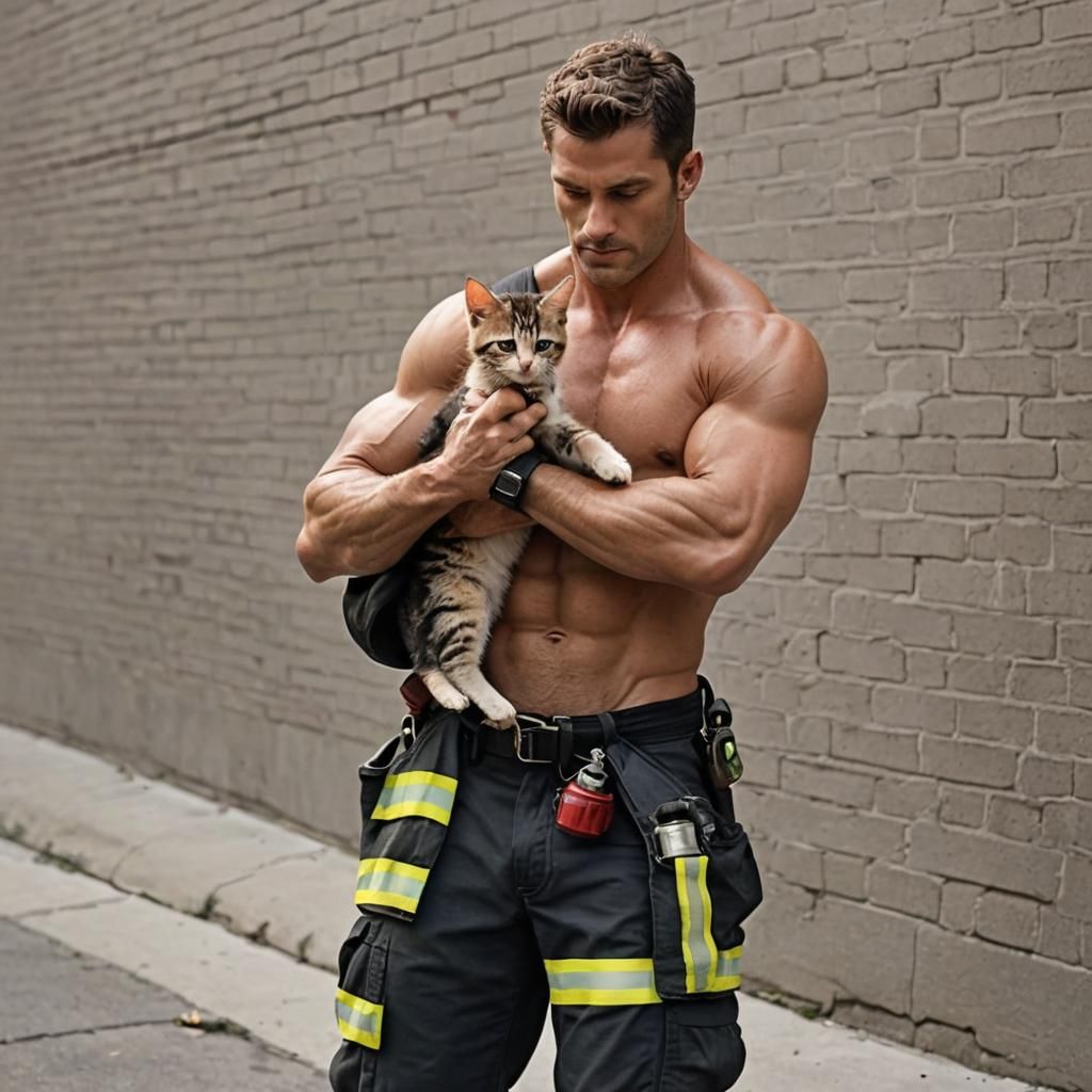 handsome muscular firefighter shirtless saving a kitten