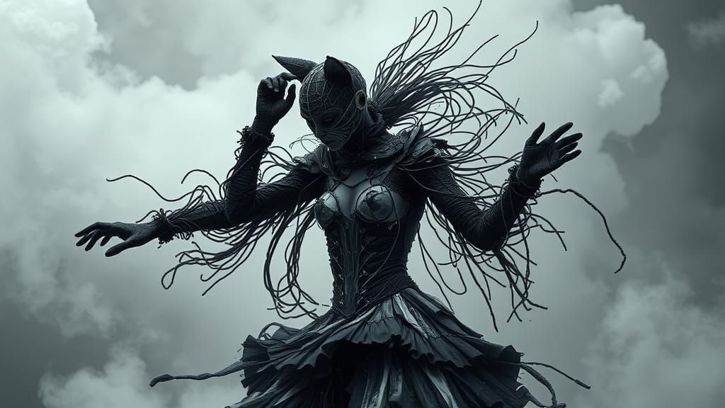 Retro-Futuristic Punk Cat Woman Dancing in Mist