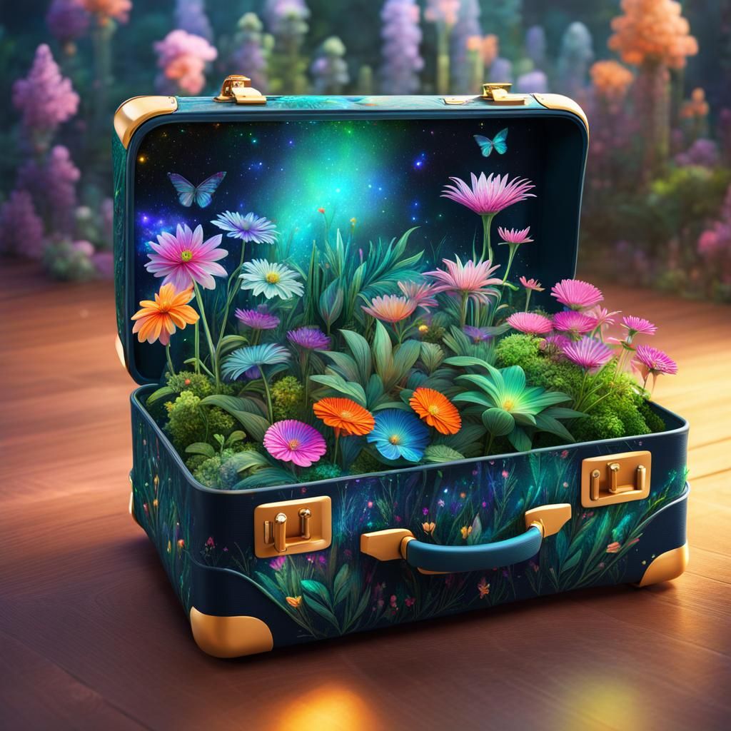 Botanical Garden Bursting From Suitcase, Astral Illustration