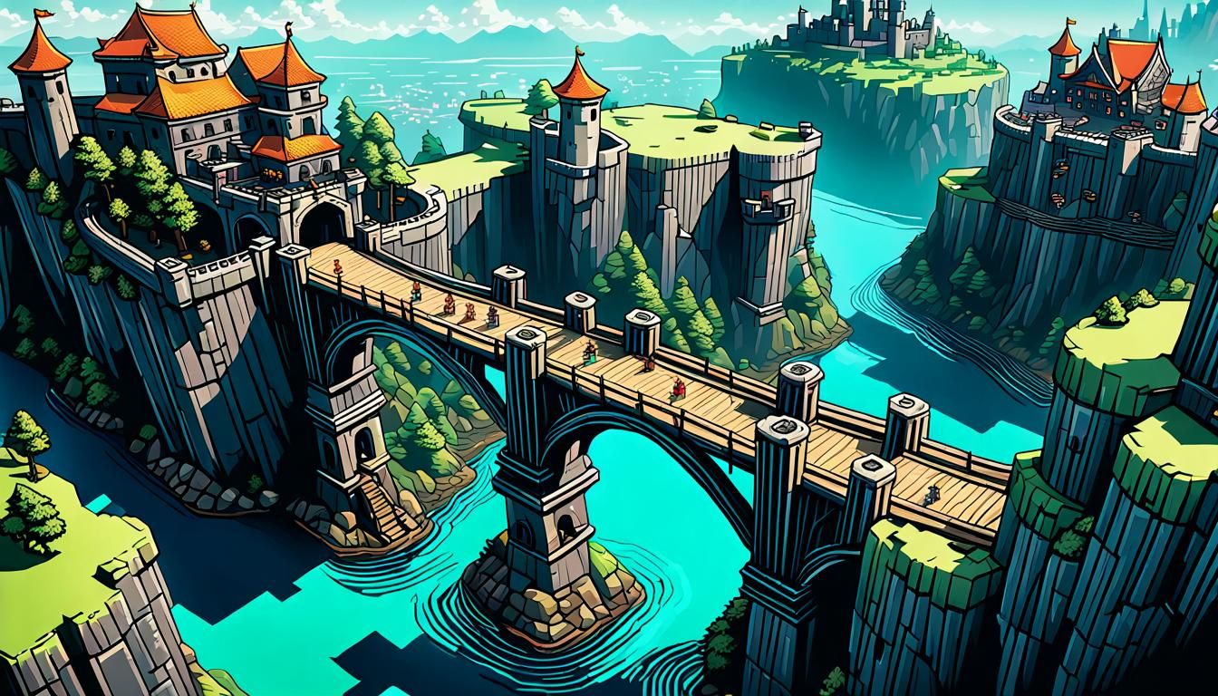Castle City View from a Pixel Art Rope Bridge