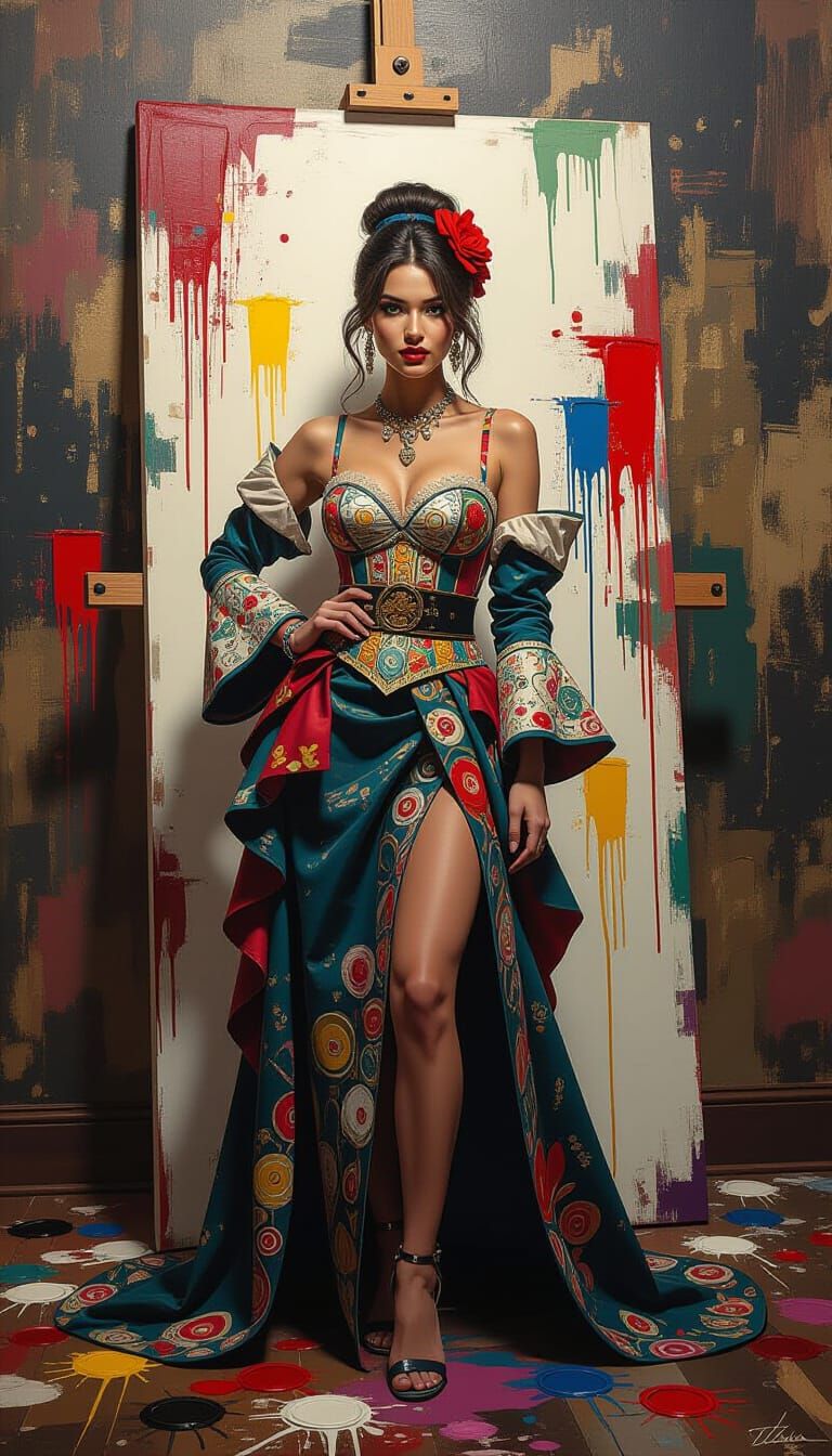Woman Amidst Paint Slashes in Hyperrealistic Style