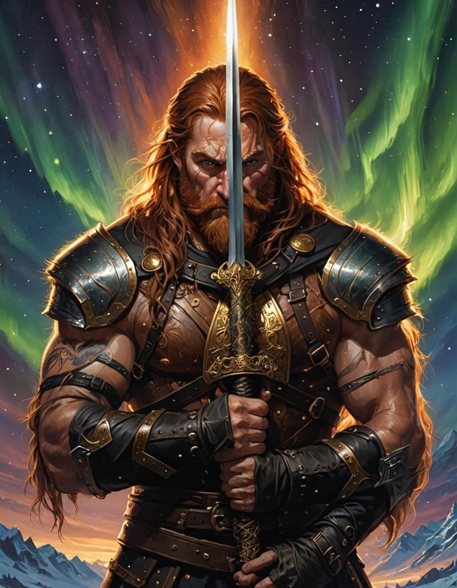 Dwarf Warrior with Aurora Borealis, Hyperdetailed Fantasy Ar...