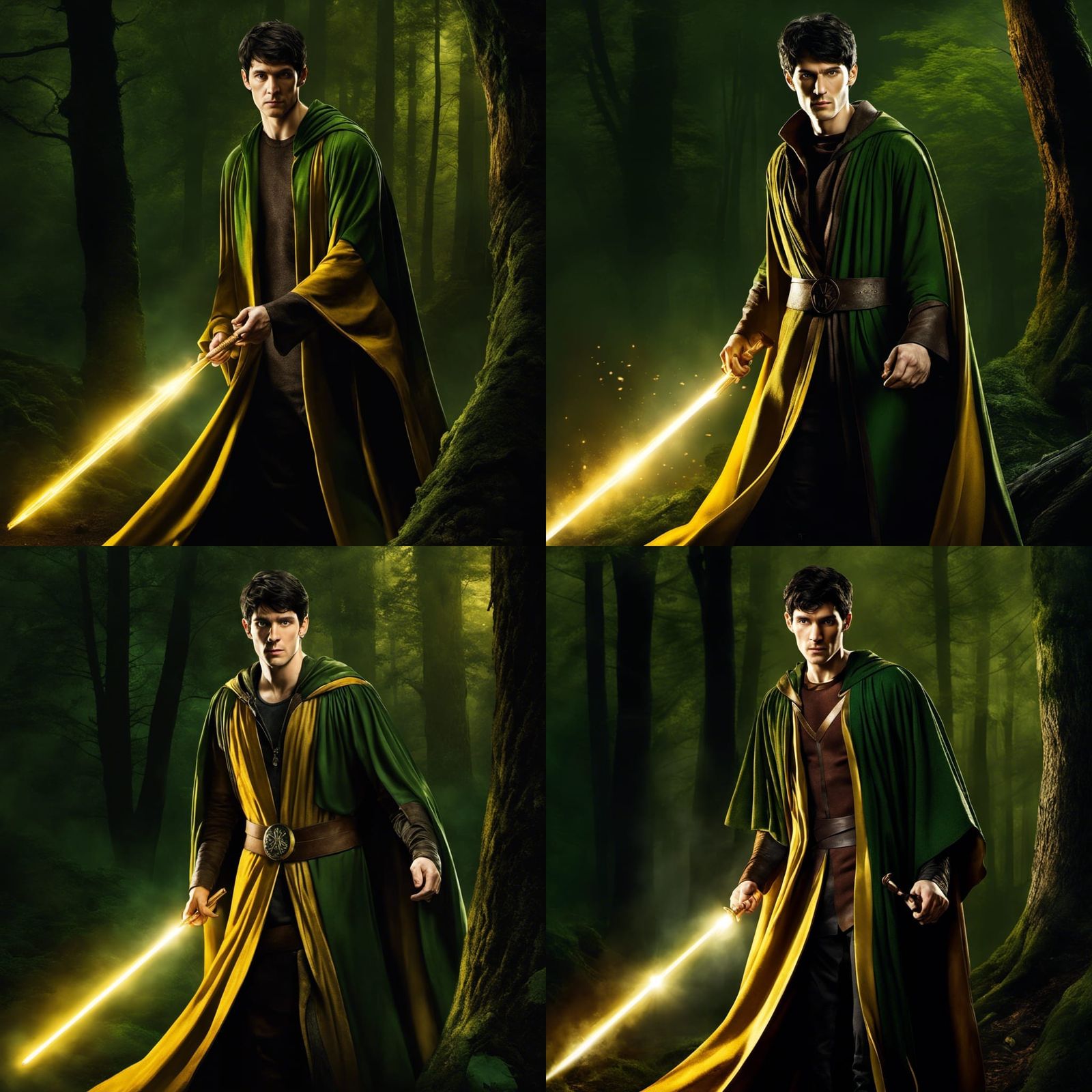 no glasses, no spectacles, full body portrait of Colin Morgan as Harry Potter Jedi Knight, high fidelity face, holding y...