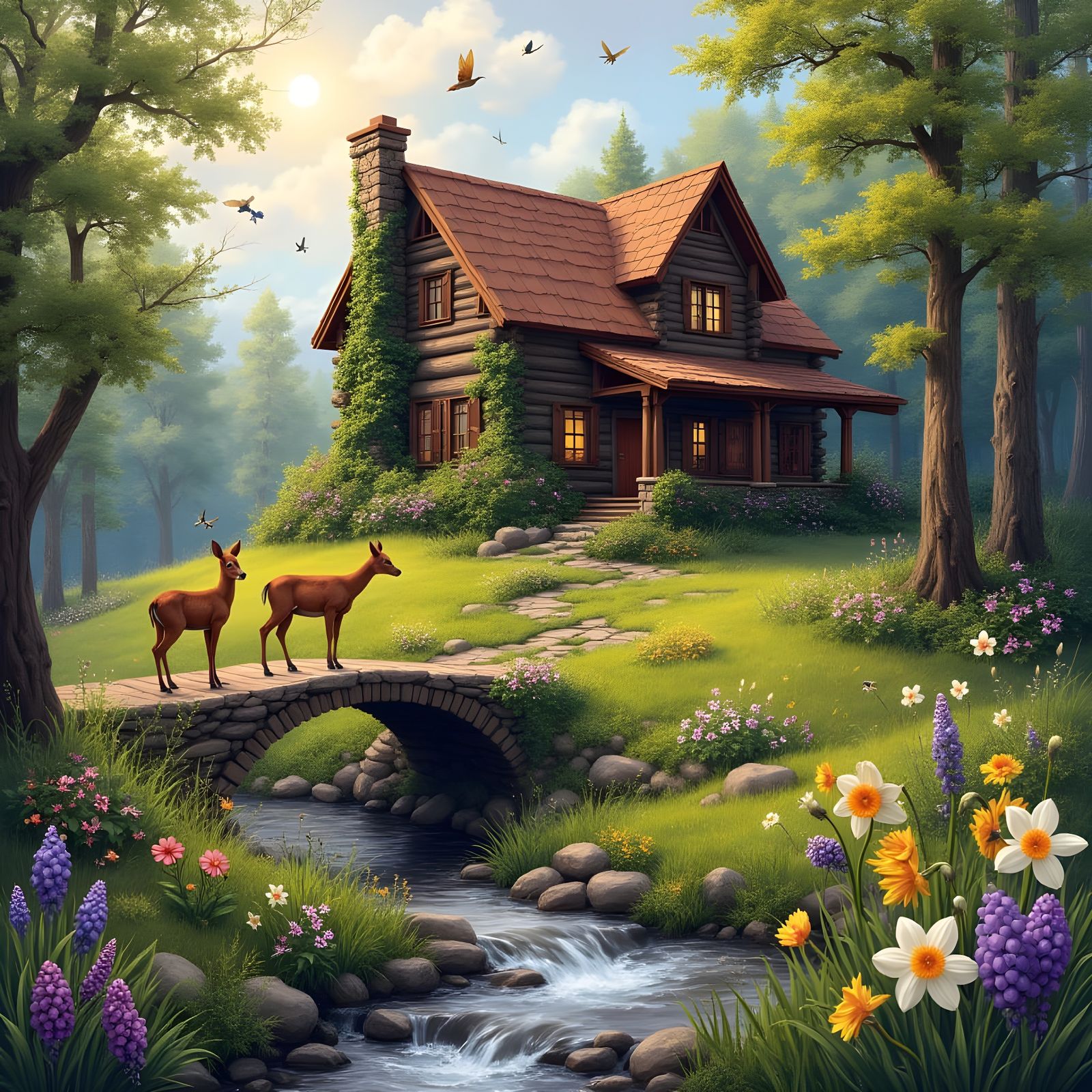 Cozy Shabby Chic Log Cabin Amidst Vibrant Nature