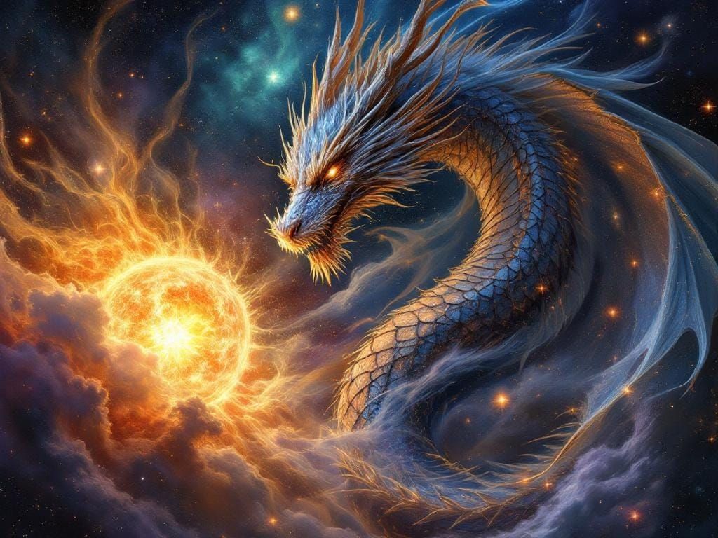 Celestial Dragon Coils Around Dying Star in Dark Fantasy Sty...