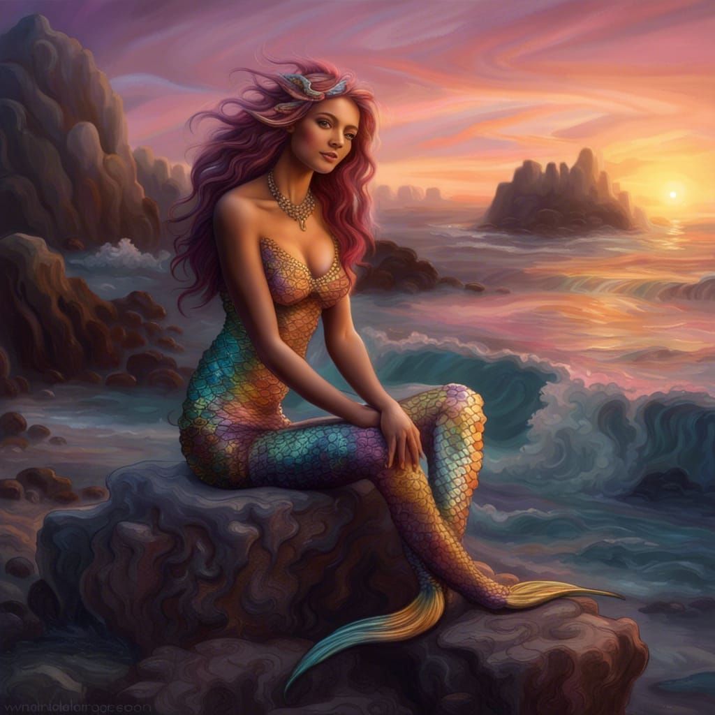 Pastel Mermaid Singing at Sunset, Digital Art