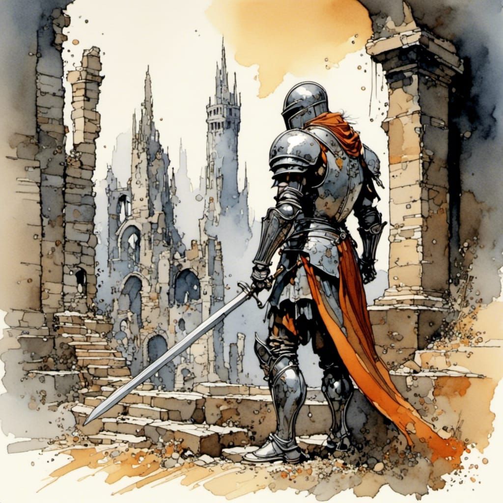 Medieval Knight in Futuristic Ruins: Avian Ink Style
