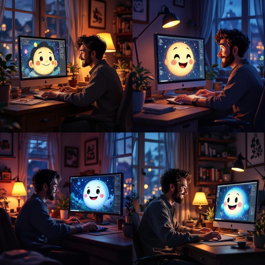 Man Creates AI Art with Smiling Computer Screen