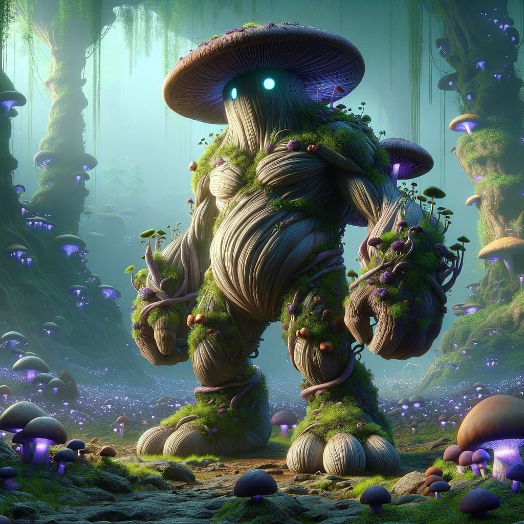 Myconid Guard in Bioluminescent Underground Ecosystem