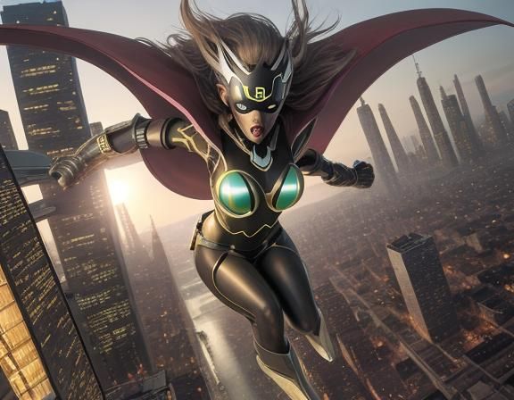 Superhero in Flight Over City