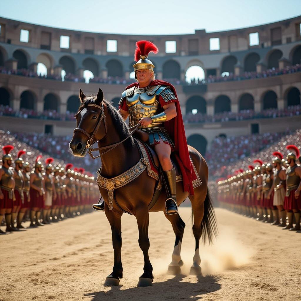 Gladiator Trump on Horse in Crowded Colosseum