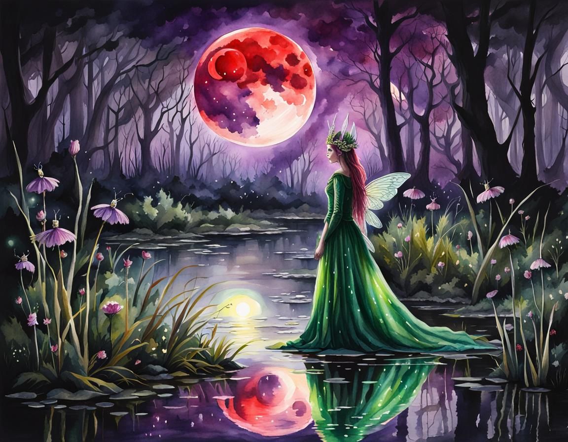 Fairy Queen in Swamp with Red Moon, Watercolor