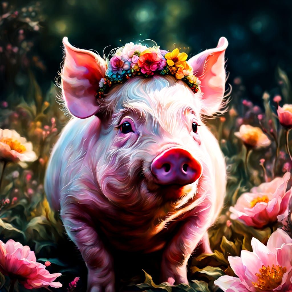 Mystical Piglet Wears a Flower Crown in a Vibrant Fantasy Sc...