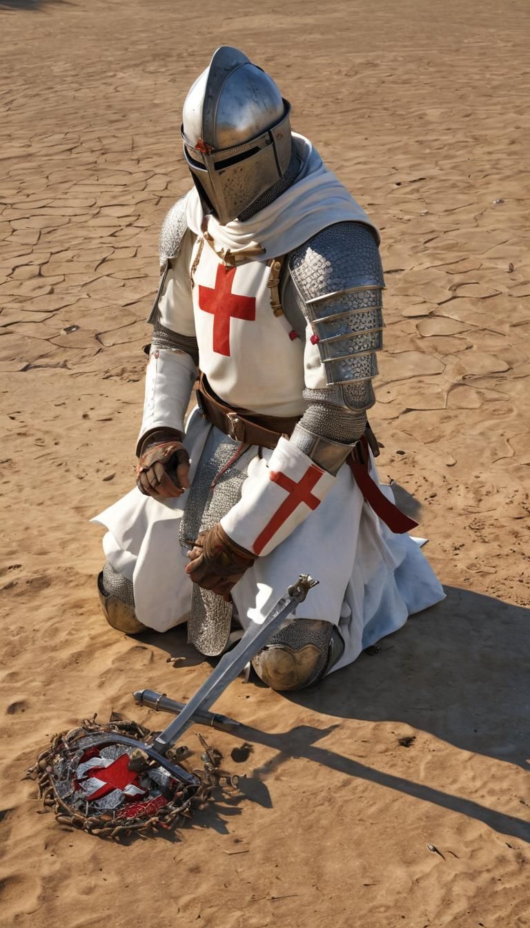 A Templar knight kneeling in prayer before battle in the Hol...