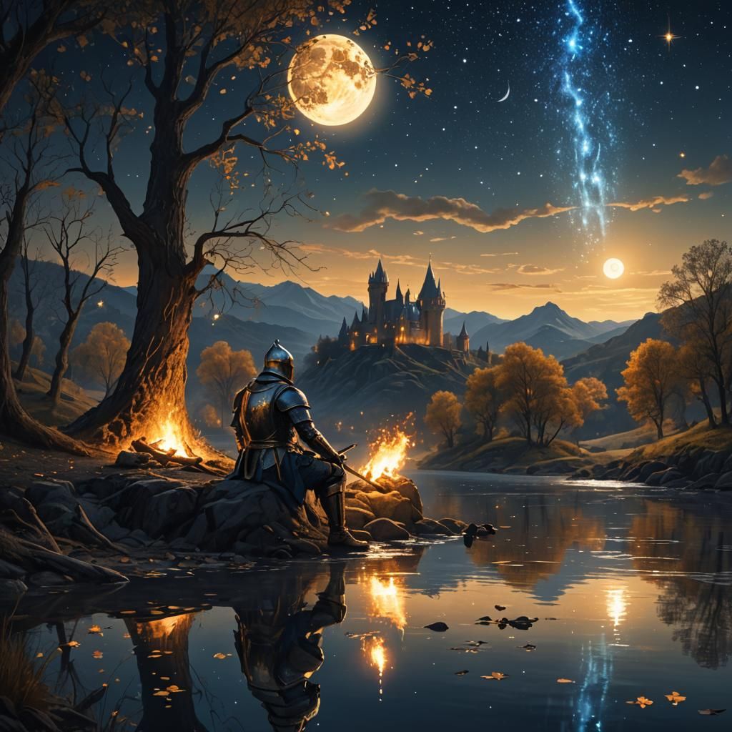 Knight Lights Fire on Starry Night: Digital Matte Painting