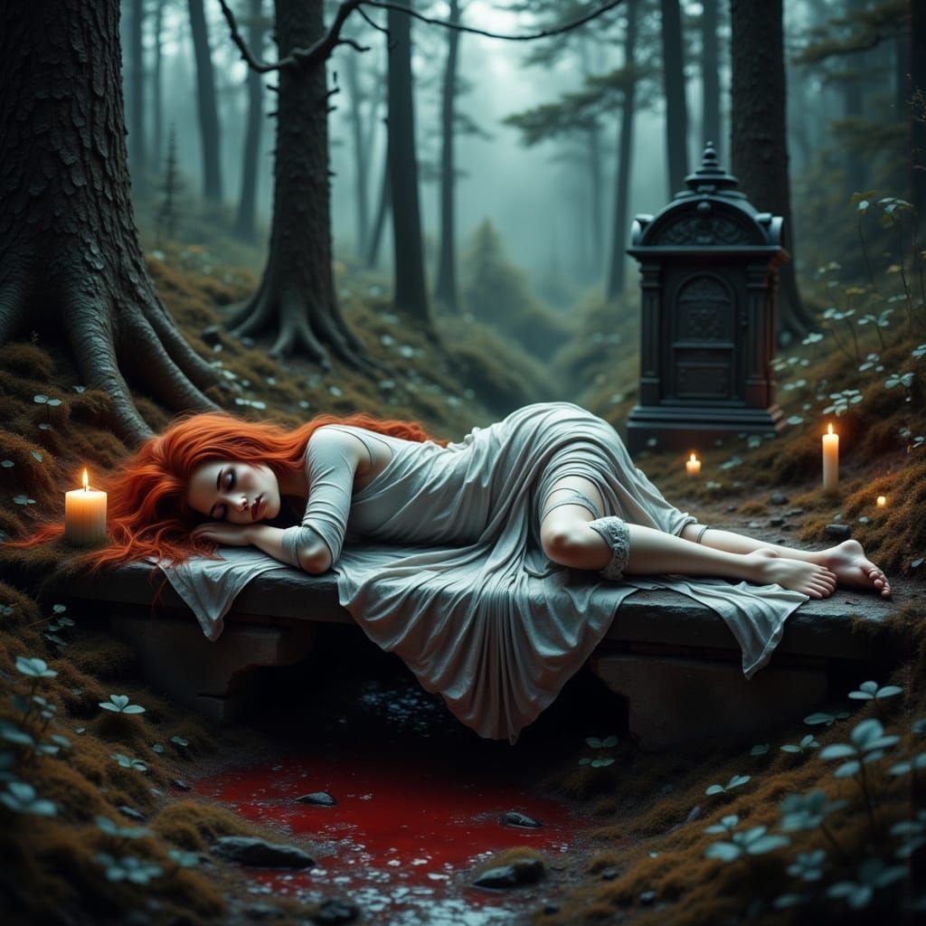 Eerie Forest Scene With Sleeping Woman and Skulls