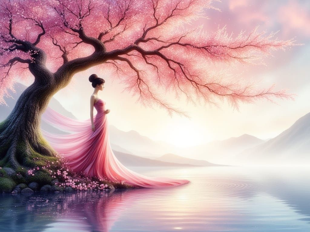 Ethereal Cherry Blossom Encounter in Oriental Beauty