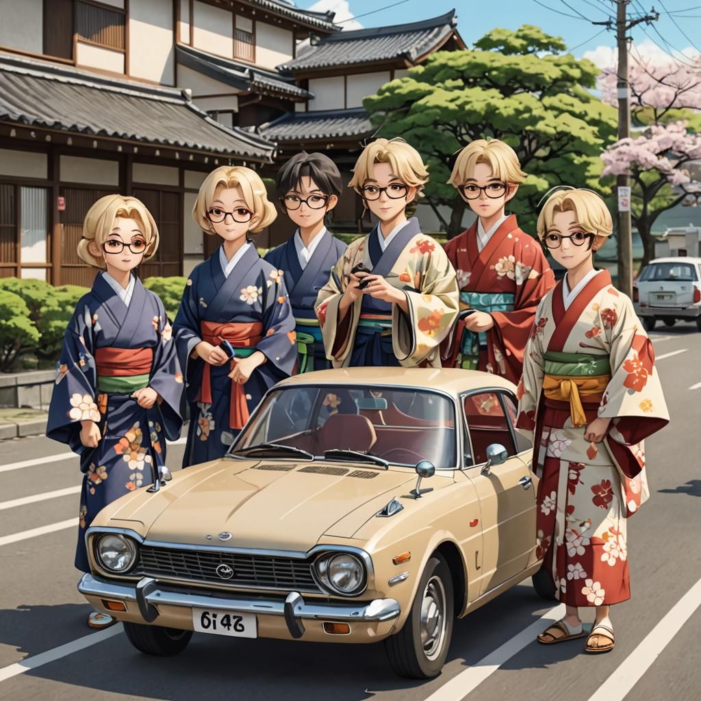 Children in Kimonos Ride in 1960s Car